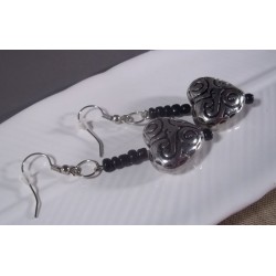 Silver-tone heart with black swirl design inlay dangle earrings