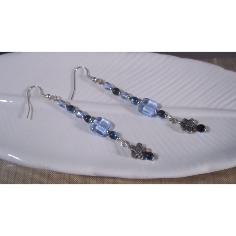 Light Blue Square glass bead and Tibetan Flower Earring Dangles